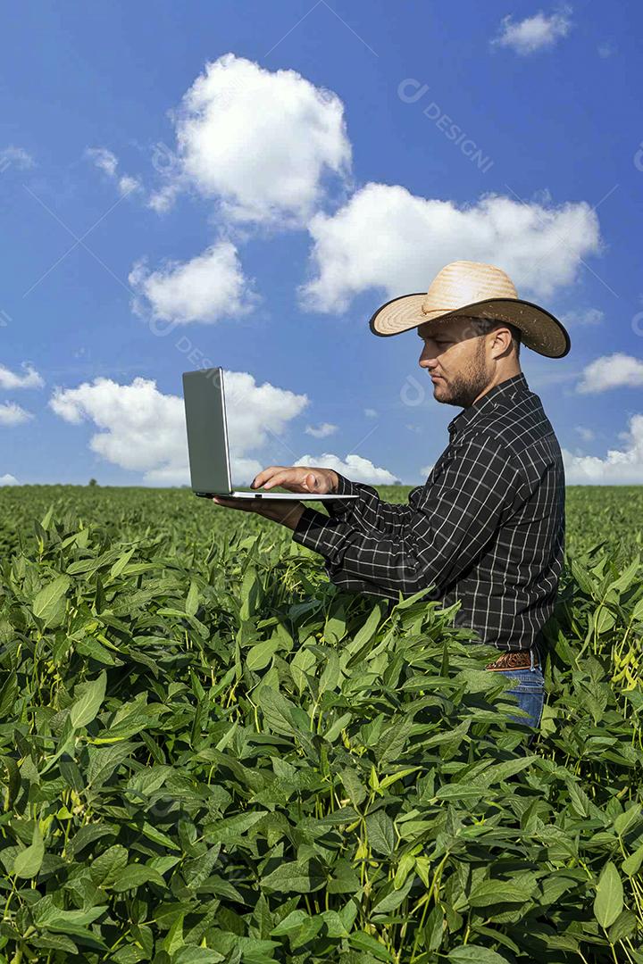 Jovem agrônomo de chapéu segurando o notebook no campo de soja.Imagem JPG