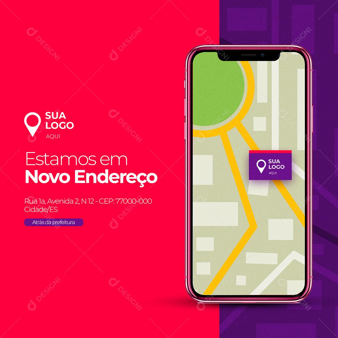 Social Media Estamos em Novo Endereço PSD Editável