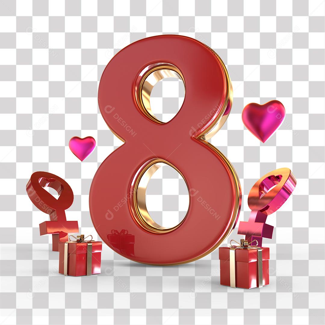 Elemento 3D 8 Vermelho e Rosa Do Dia Da Mulher Para Composição PNG Transparente Sem Fundo