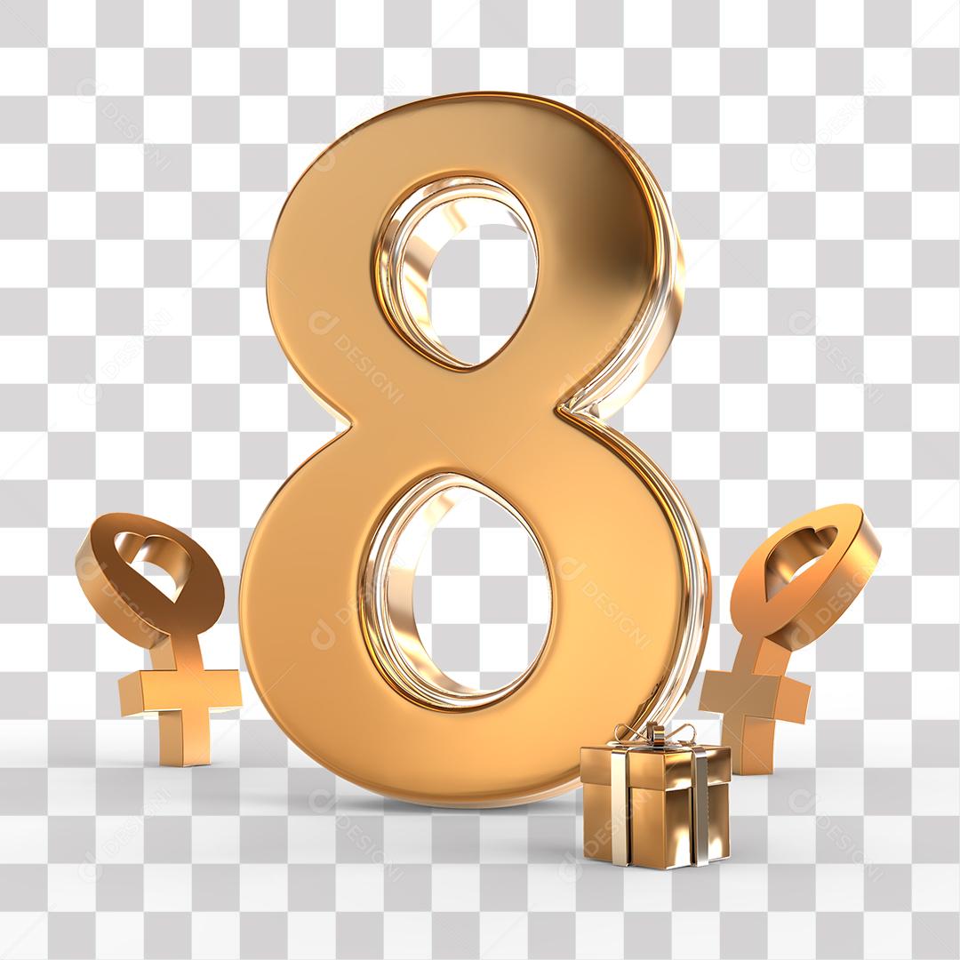 Elemento 3D 8 Dourado Do Dia Da Mulher Para Composição PNG Transparente Sem Fundo