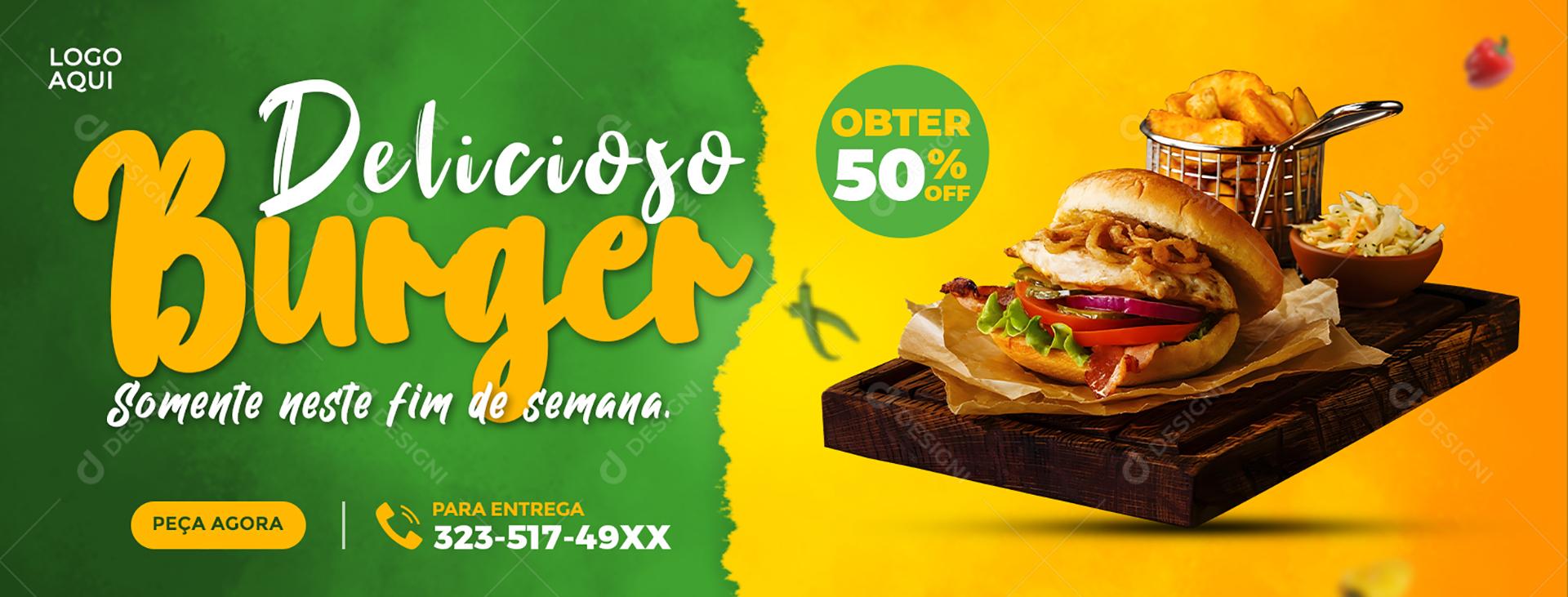 Social Media Banner Delicioso Burger 50% Hamburgueria PSD Editável