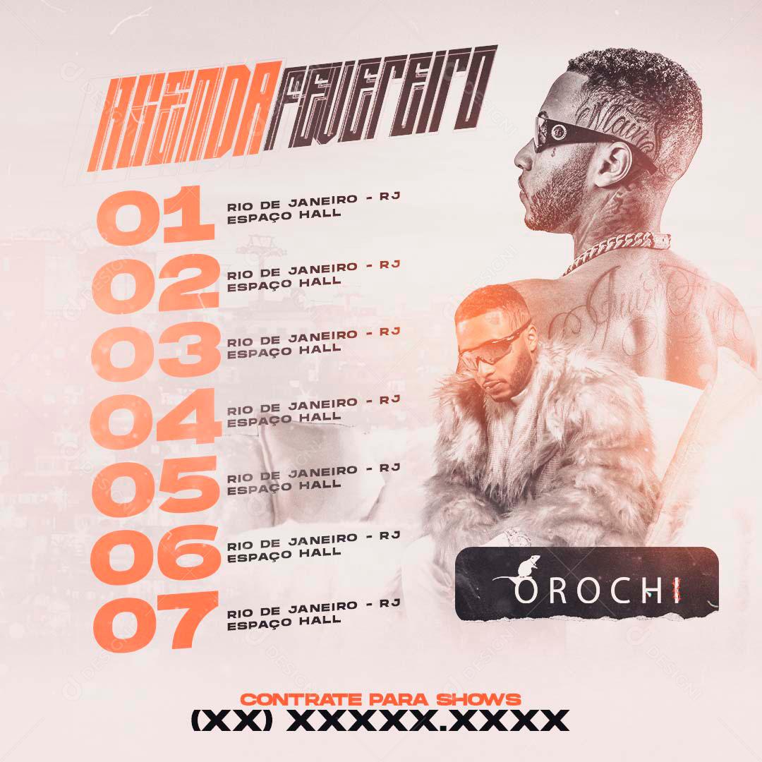 Flyer Agenda Fevereiro Orochi Social Media PSD Editável