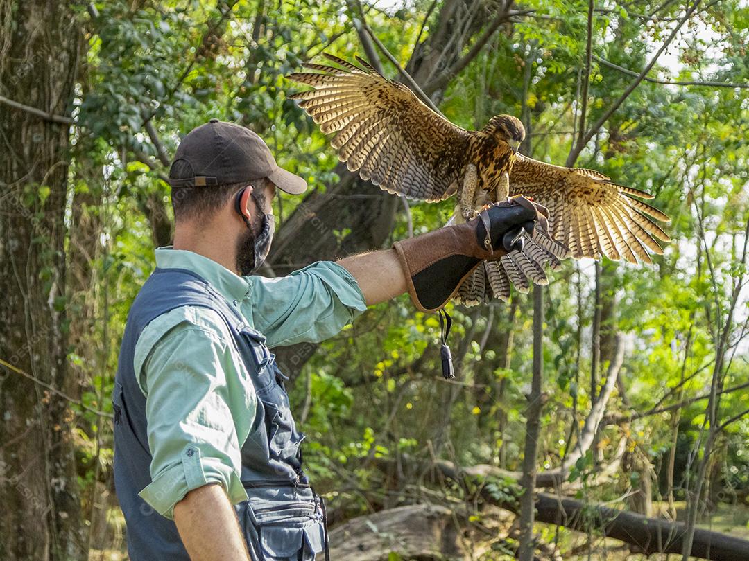 Homem segurando uma aguia passaro aves Imagem JPG