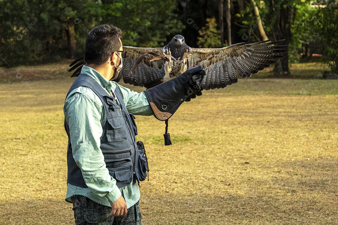 Homem segurando uma aguia passaro aves
