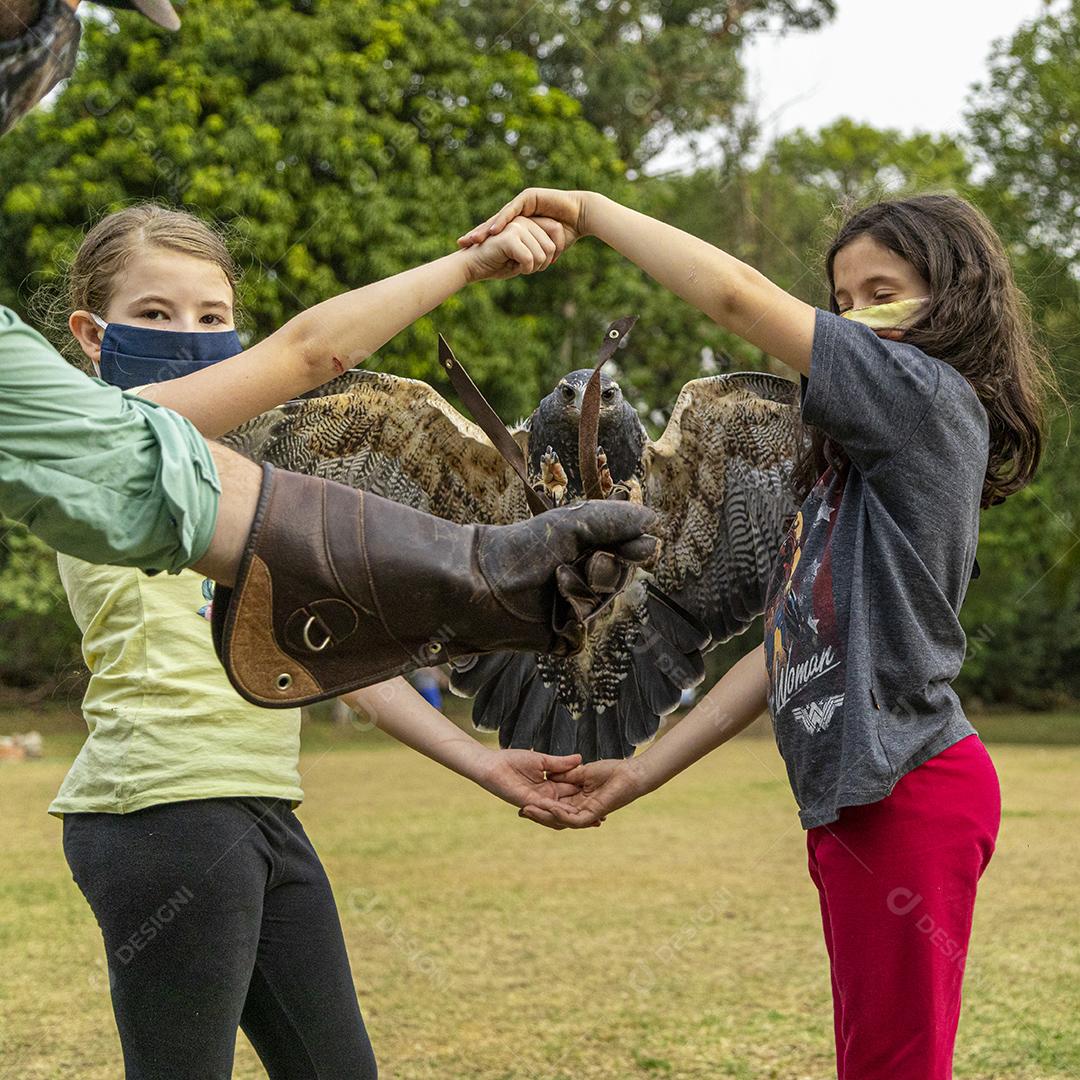 Pessoas segurando uma aguia passaro aves