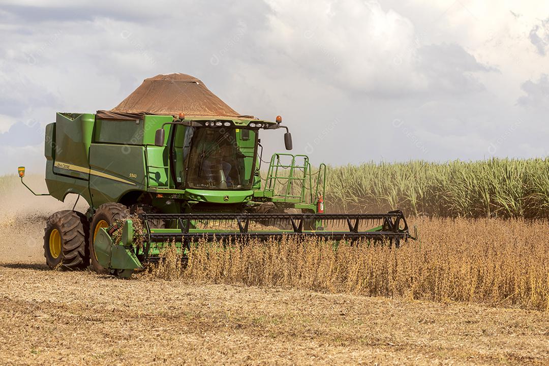 Trator agrícola colhendo soja no campo Imagem JPG