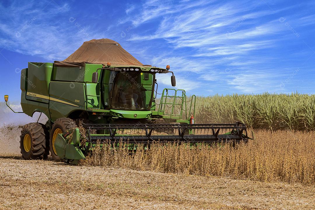 Trator agrícola colhendo soja no campo Imagem JPG