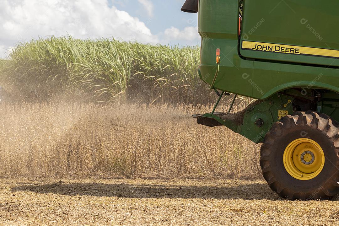Trator agrícola colhendo soja no campo Imagem JPG