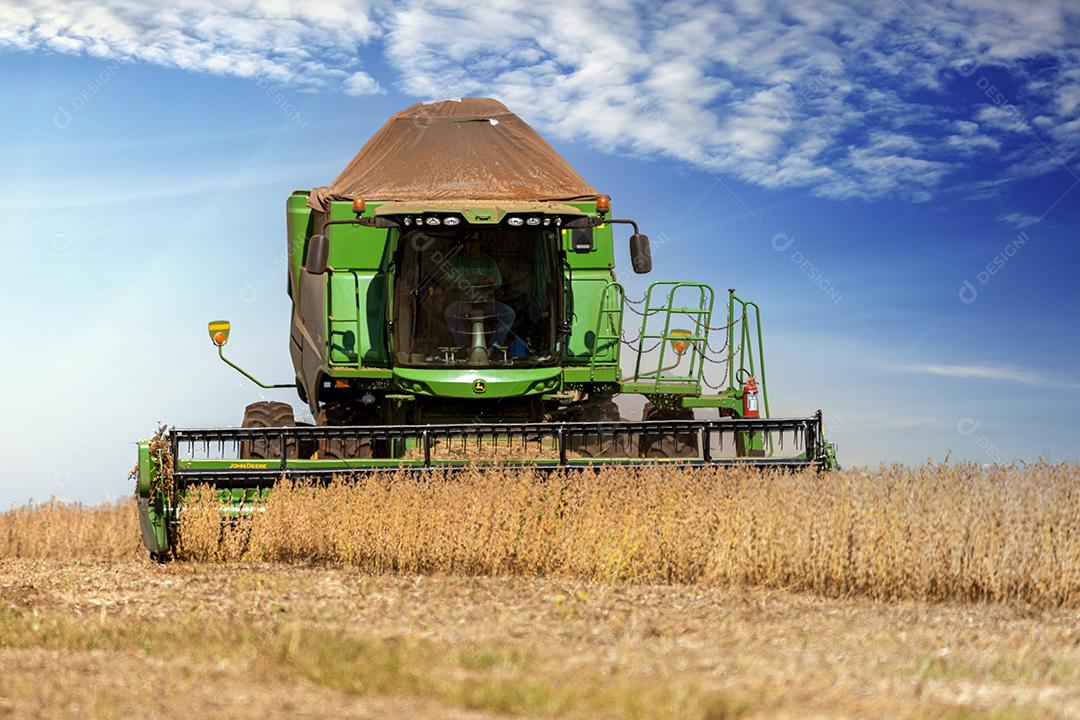 Trator agrícola colhendo soja no campo Imagem JPG