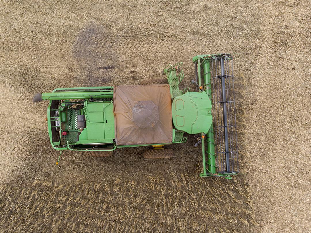 Trator agrícola colhendo soja no campo Imagem JPG