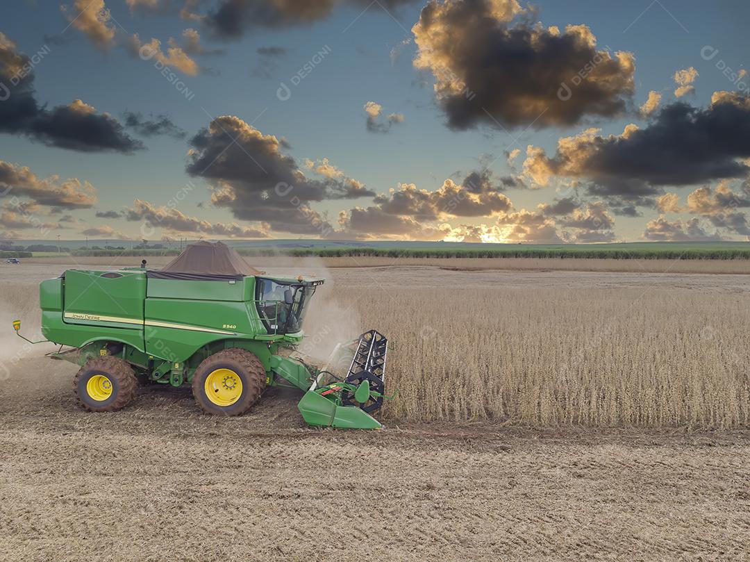 Trator agrícola colhendo soja no campo Imagem JPG