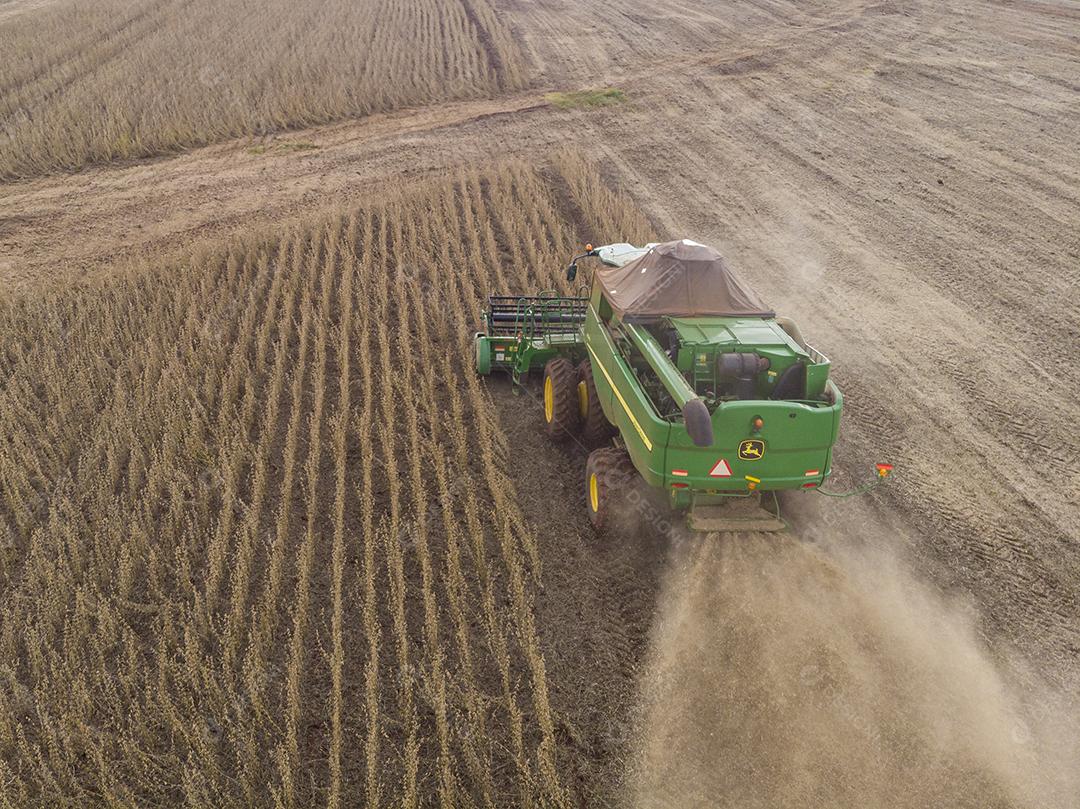 Trator agrícola colhendo soja no campo Imagem JPG