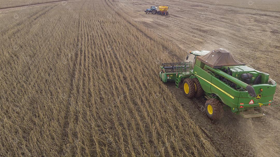 Trator agrícola colhendo soja no campo Imagem JPG