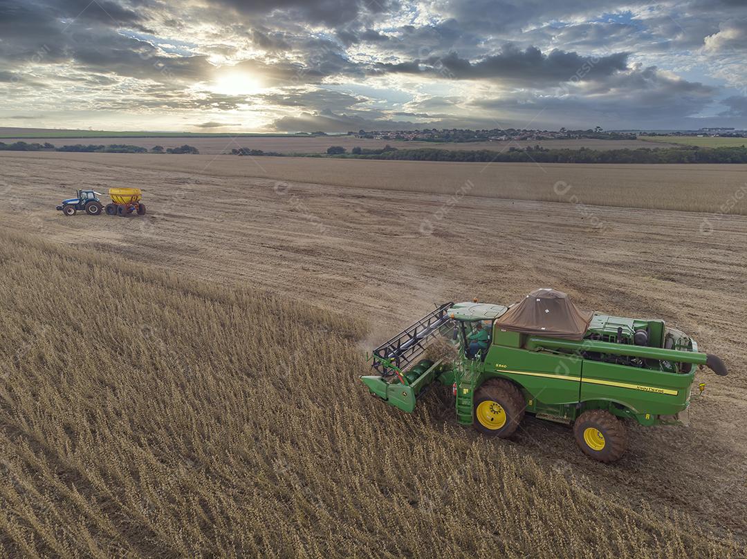 Trator agrícola colhendo soja no campo Imagem JPG