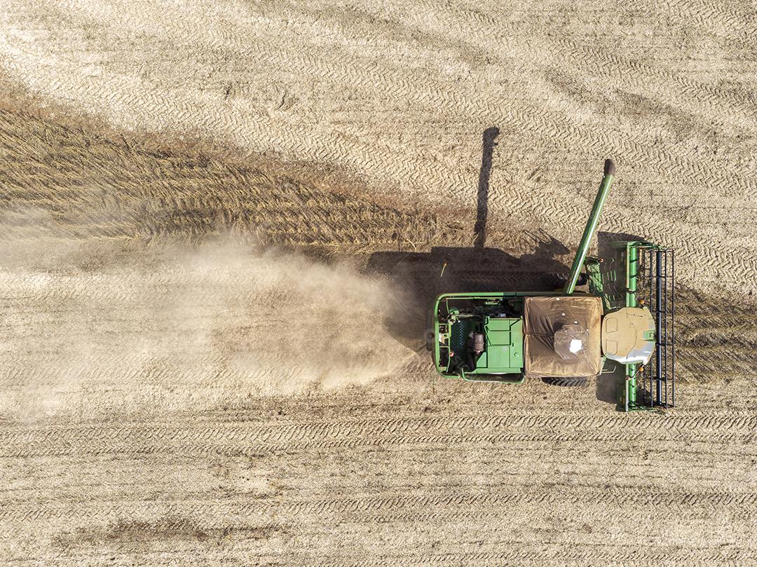 Trator agrícola colhendo soja no campo Imagem JPG