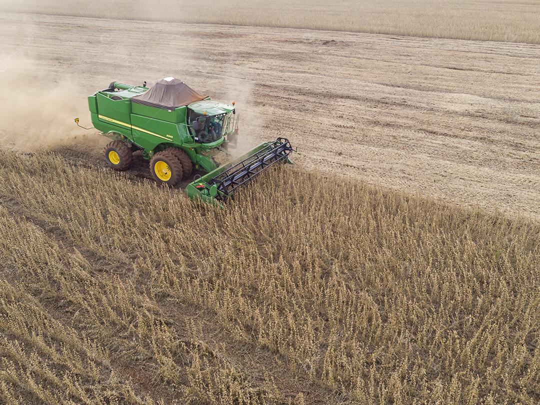 Trator agrícola colhendo soja no campo Imagem JPG