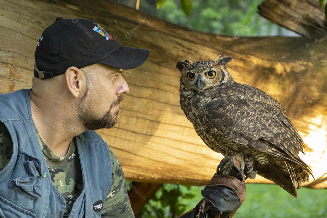 Homem segurando coruja aves passaros