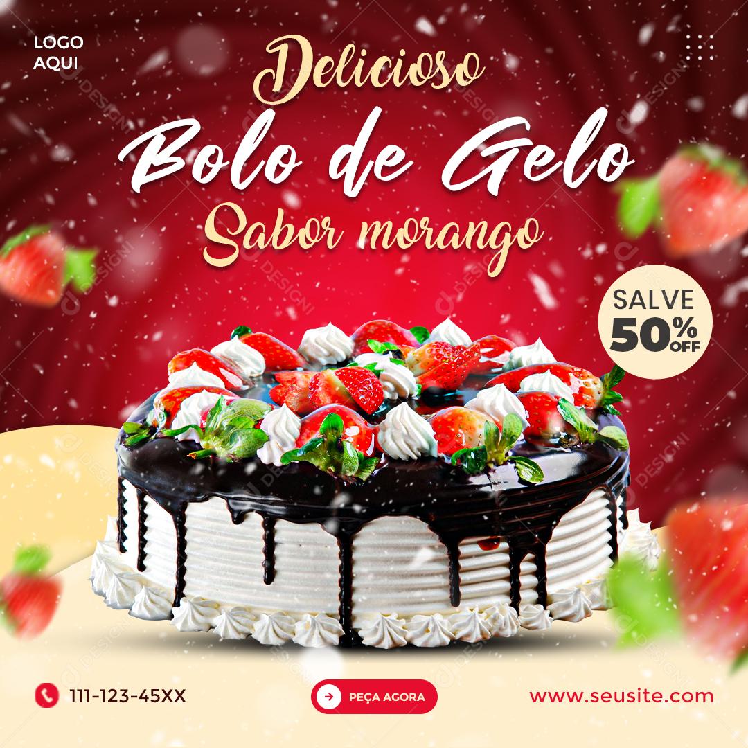 Social Media Delicioso Bolo De Gelo Sabor Morango Confeitaria PSD Editável