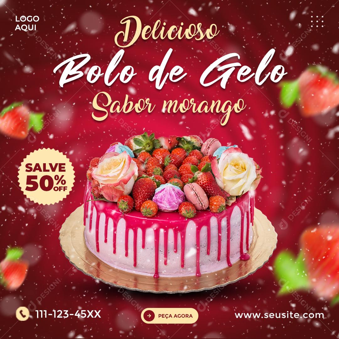 Social Media Delicioso Bolo De Gelo Sabor Morango Confeitaria PSD Editável