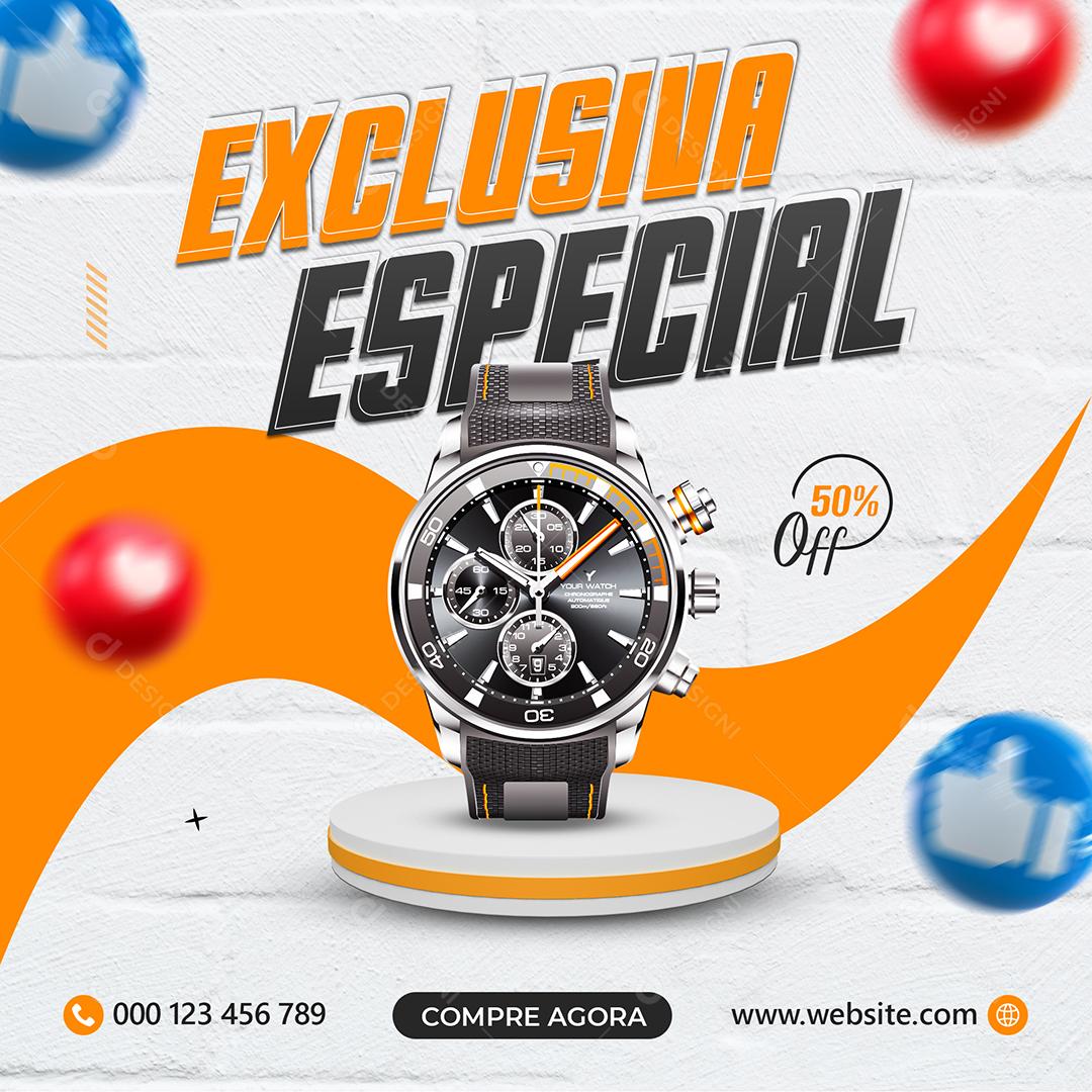 Social Media Exclusiva Especial Relógio 50% PSD Editável