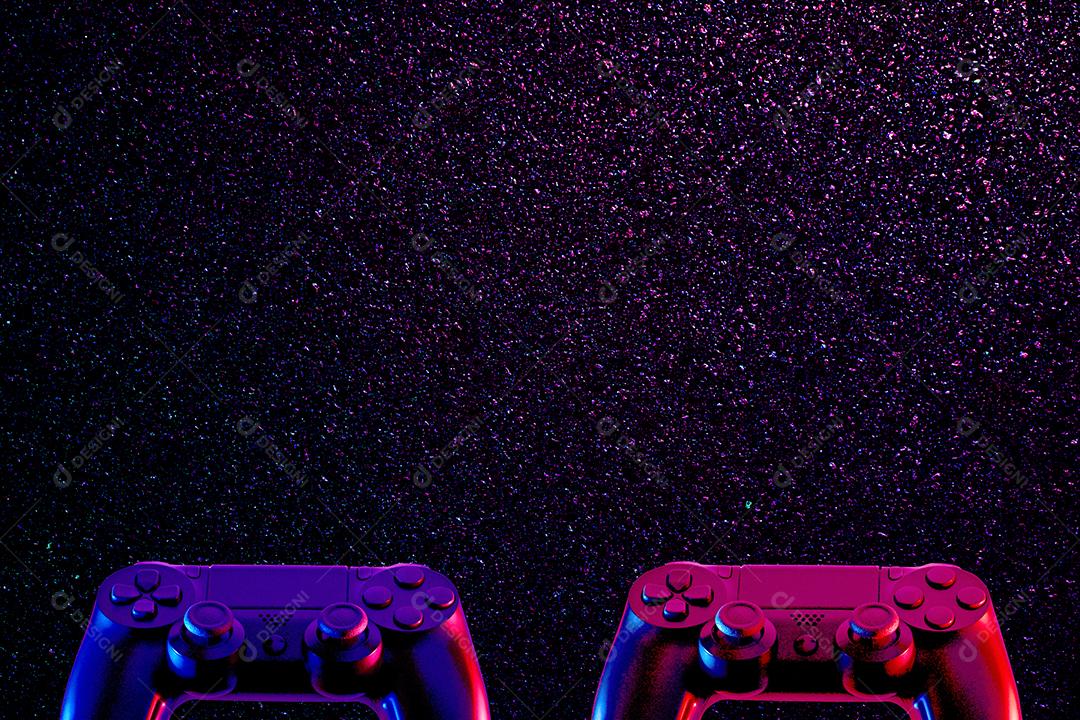 ilustração de joysticks em fundo com brilhos coloridos