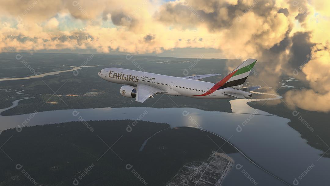 Comercial Boeing 777 Emirates voando, 14 Fev. 2022, São Paulo, Brasil.