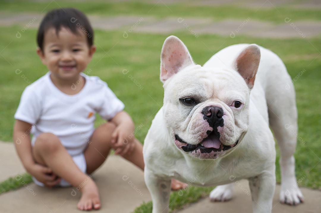 Menina asiática de 1 ano brincando com seu cão bulldog francês JPG