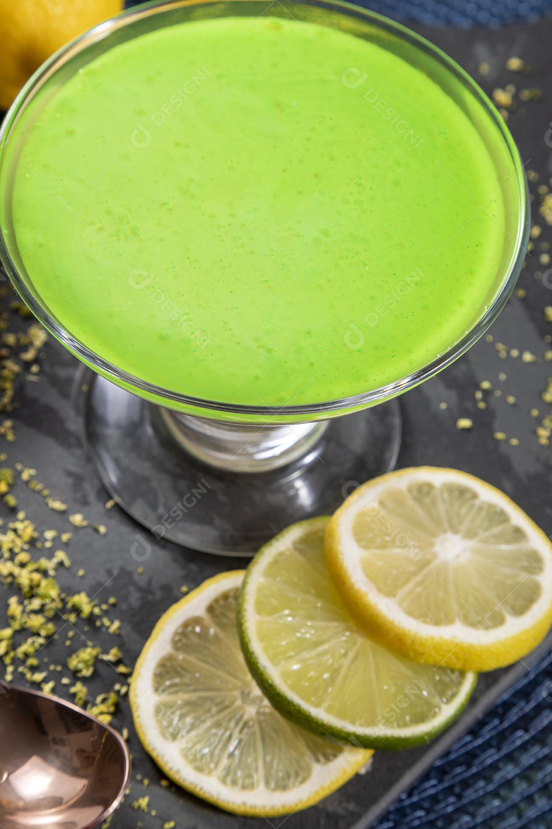 Lemon mousse in glass bowl with lemon gelatin on top Image JPG