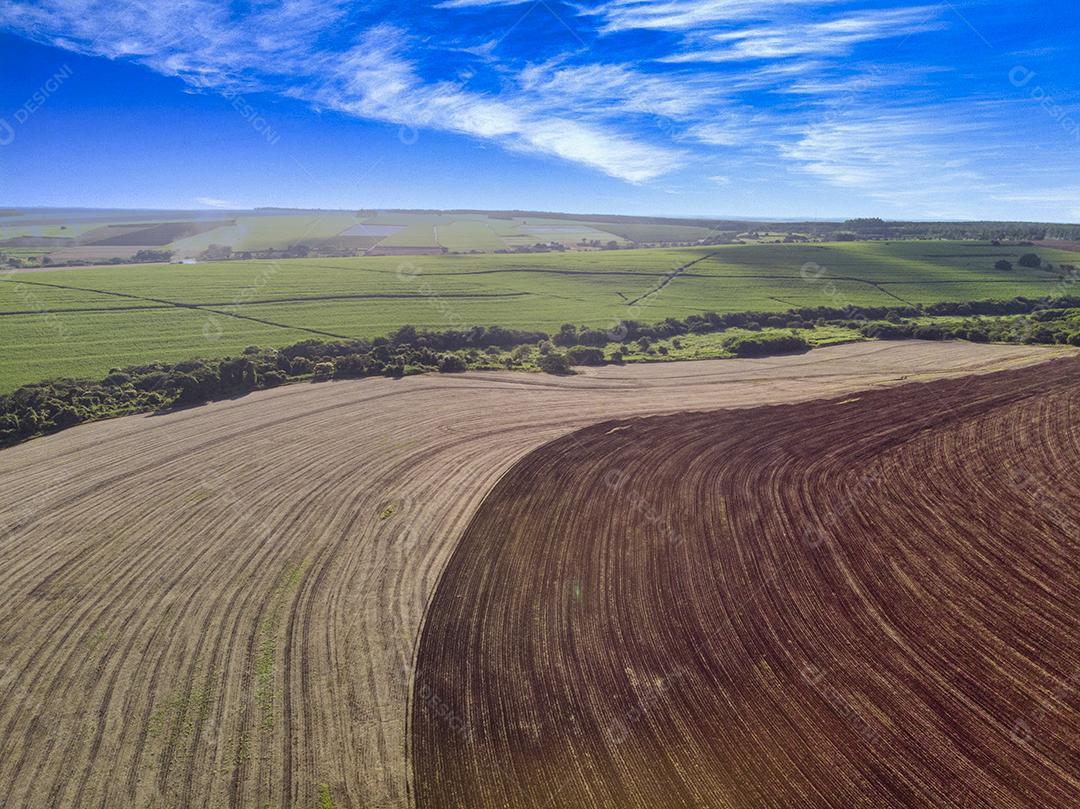 Contraste no campo entre terra arada pronta para plantio e terra bruta JPG