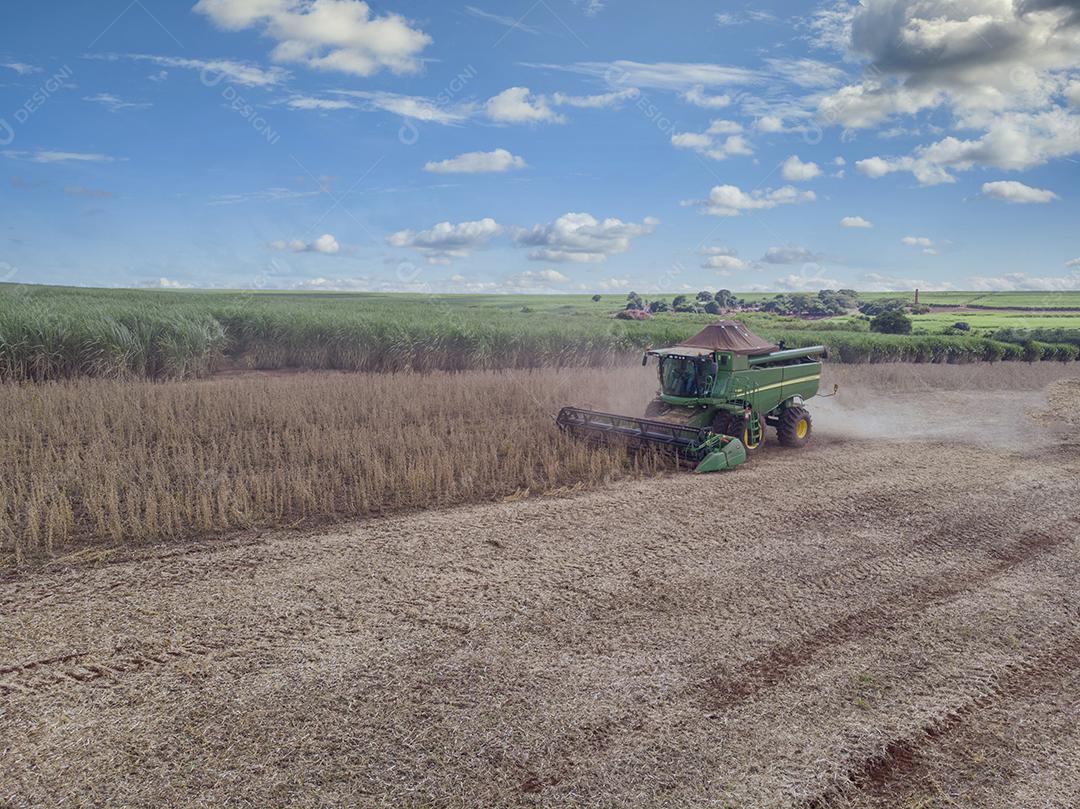 Trator agrícola colhendo soja no campo - Pedernei JPG