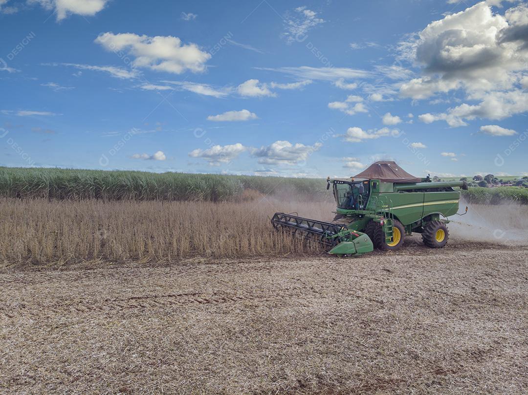 Trator agrícola colhendo soja no campo - Pedernei JPG