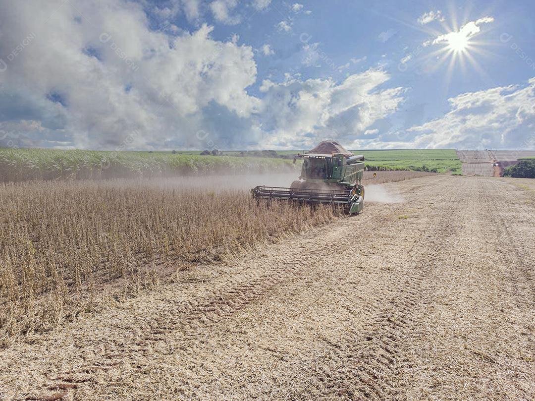 Trator agrícola colhendo soja no campo - Pedernei JPG