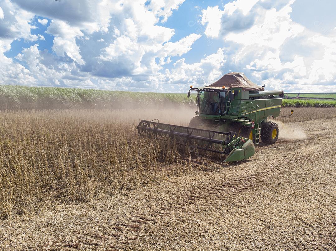 Trator agrícola colhendo soja no campo - Pedernei JPG