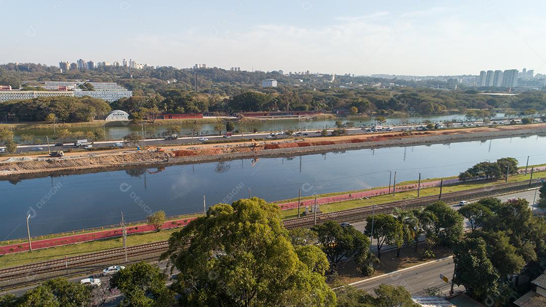 View of Marginal Pinheiros with Pinheiros river and modern buildings in Sao Paulo, Brazil. With a place to do aquatic exercises in São Paulo JPG