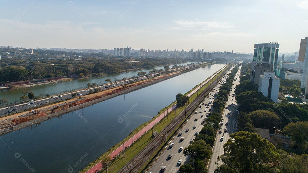 Aerial view of the prime area of Pinheiros, São Paulo, Brazil. With many trees and modern buildings JPG
