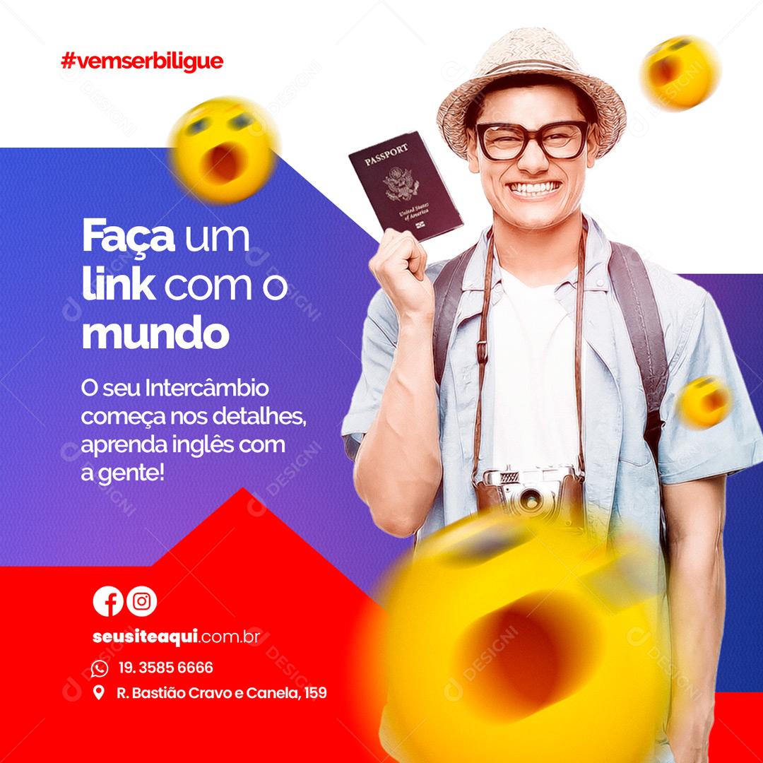 Social Media Escola de Idiomas Faça um link com o mundo PSD Editável