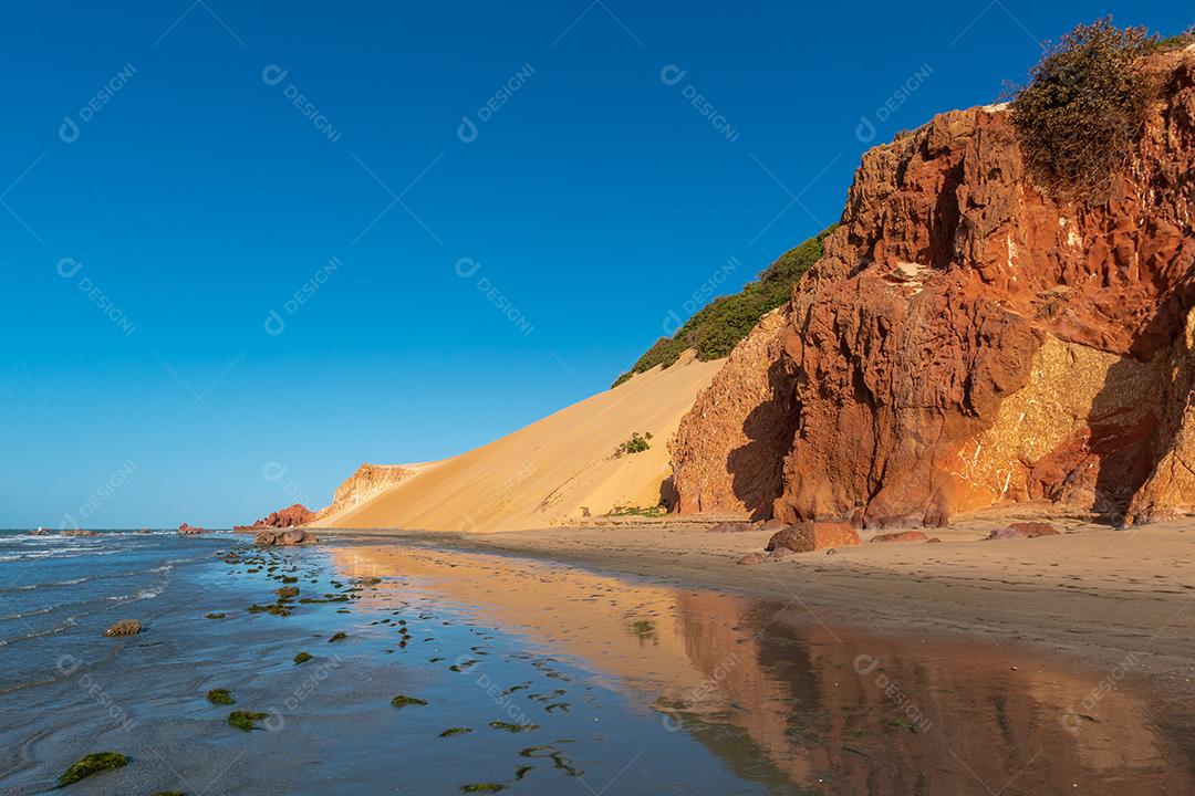 Duna com vegetação em uma tarde ensolarada na Praia de Ponta Grossa, Icapuí, Ceará