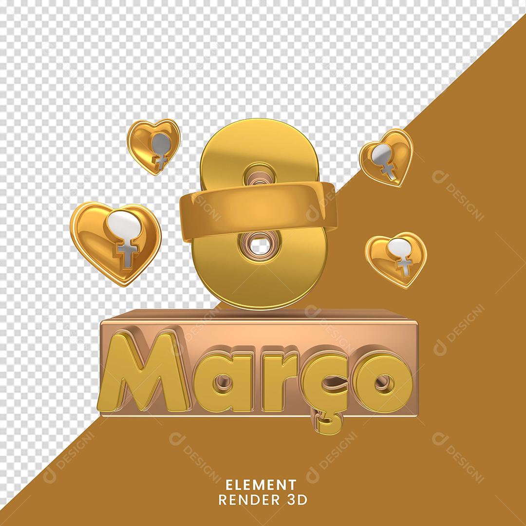 Selo 3D 8 De Março Dourado Do Dia Da Mulher Para Composição PNG Transparente