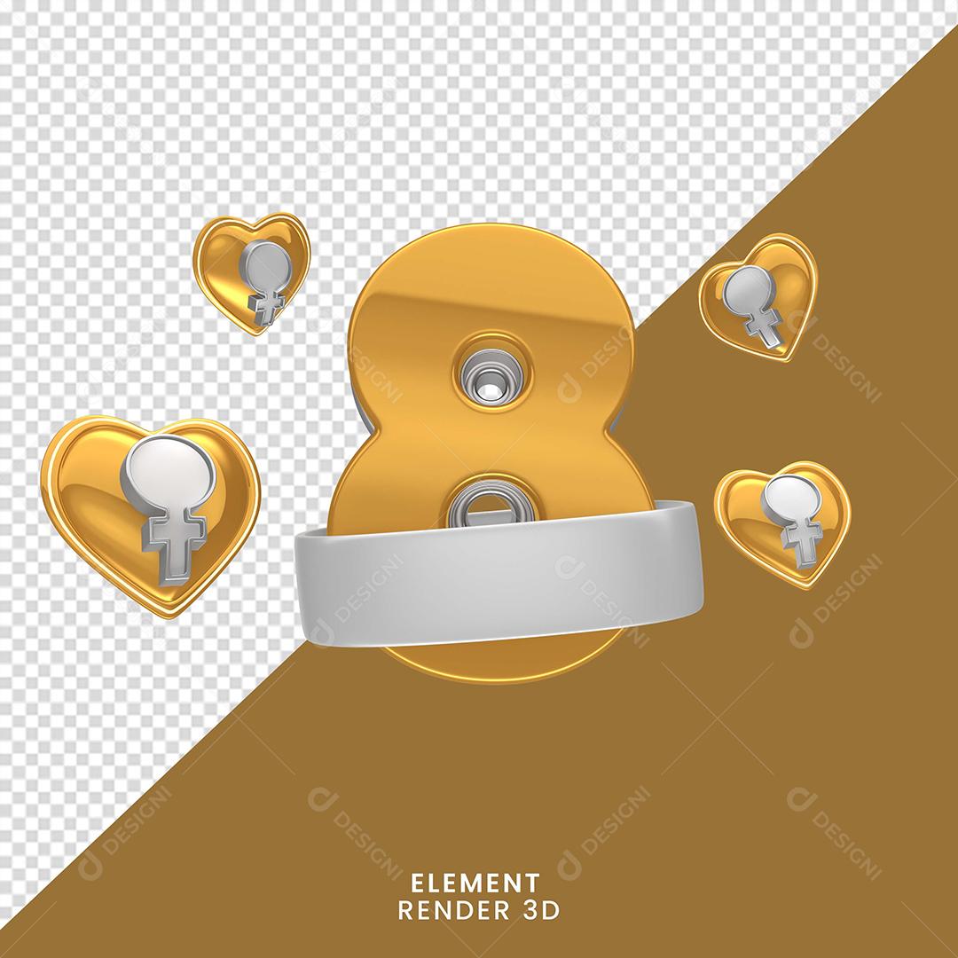 Elemento 3D 8 De Março Dourado Do Dia Da Mulher Para Composição PNG Transparente