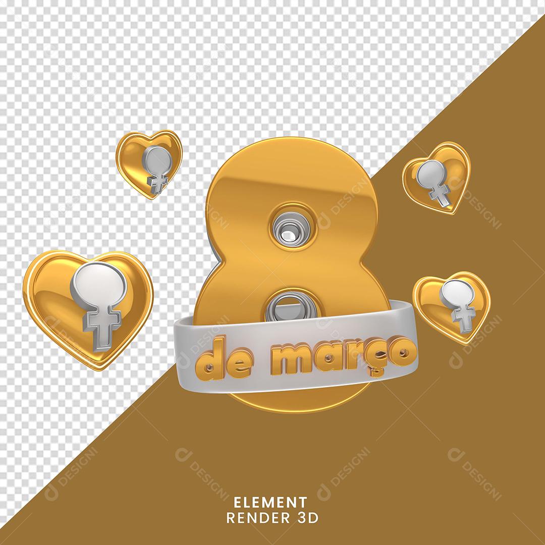 8 De Março Dourado Elemento 3D Do Dia Da Mulher Para Composição PNG Transparente