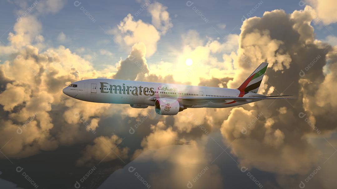 Comercial Boeing 777 Emirates voando, 14 Fev. 2022, São Paulo, Brasil.