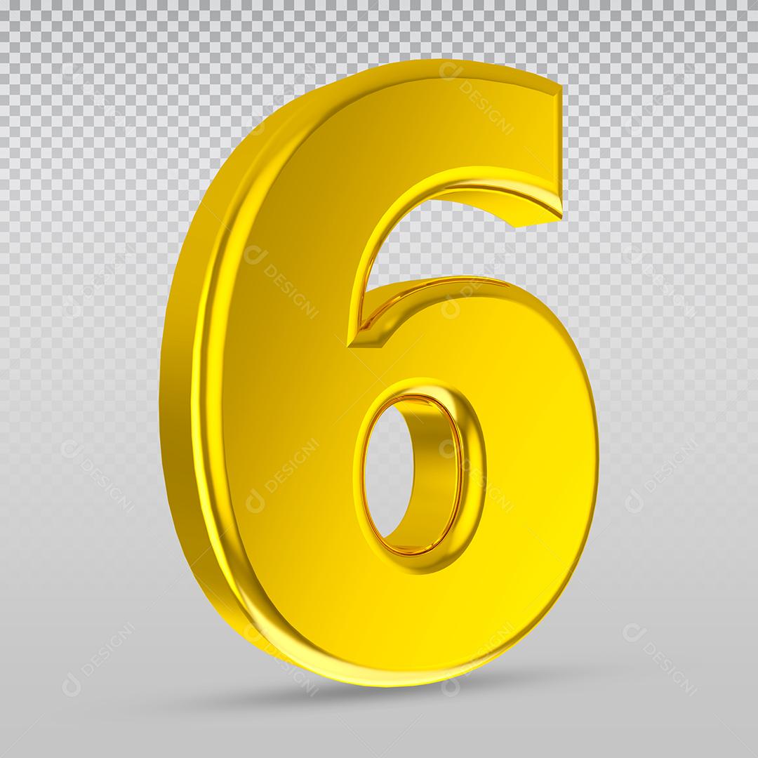 Elemento 3D Número 6 Dourado Para Composição PSD