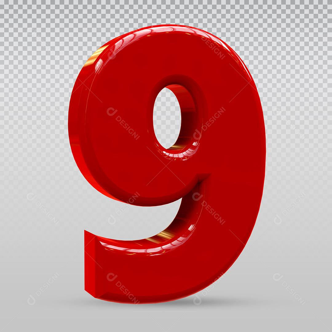 Número 3D 9 Vermelho Elemento Para Composição PSD