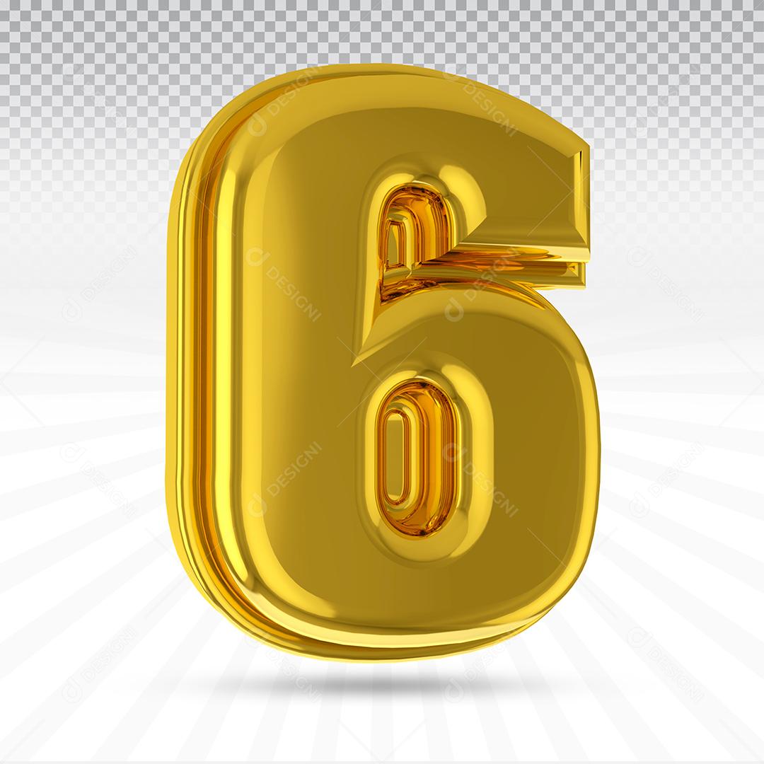 Número 3D 6 Dourado Elemento Para Composição PSD