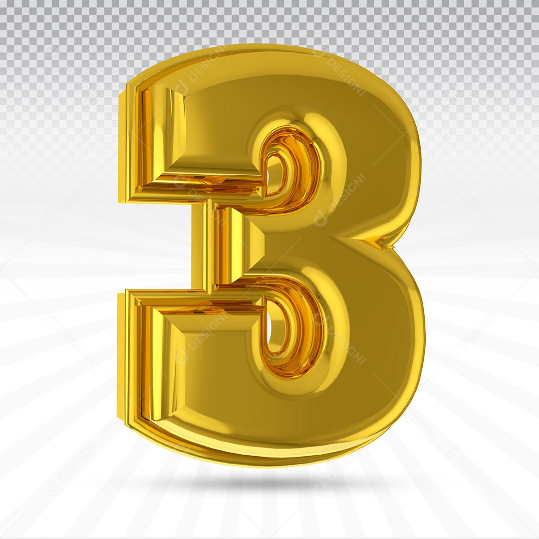 Número 3D 3 Dourado Elemento Para Composição PSD