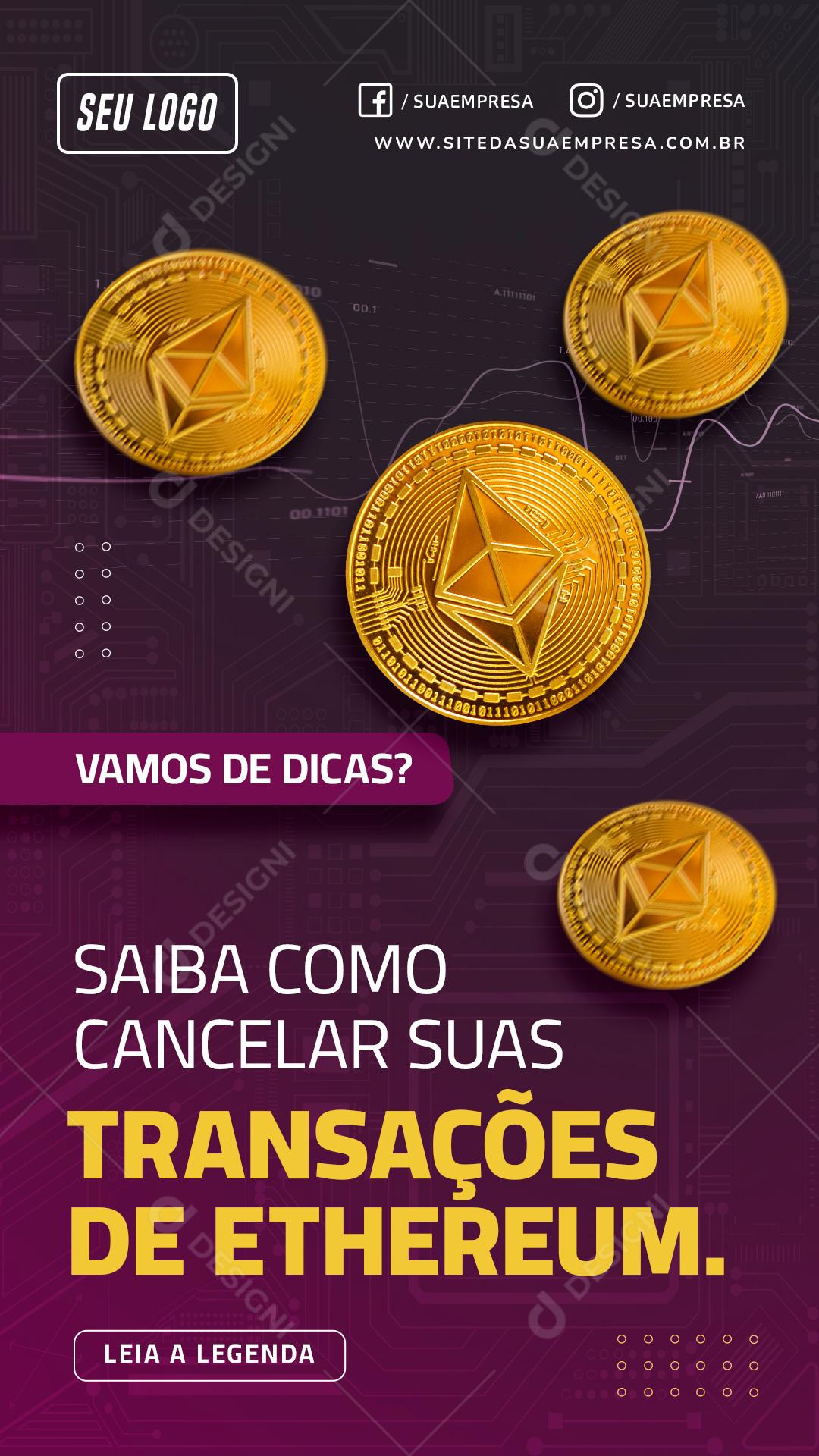 Investimento Saiba como cancelar suas transações de Ethereum Social Media PSD Editável