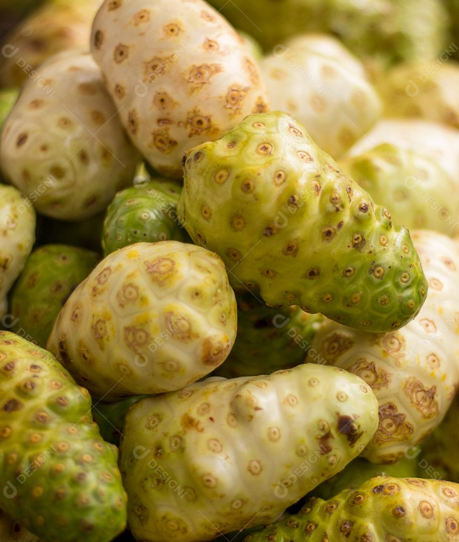 Fruta noni exótica à venda em uma feira popular