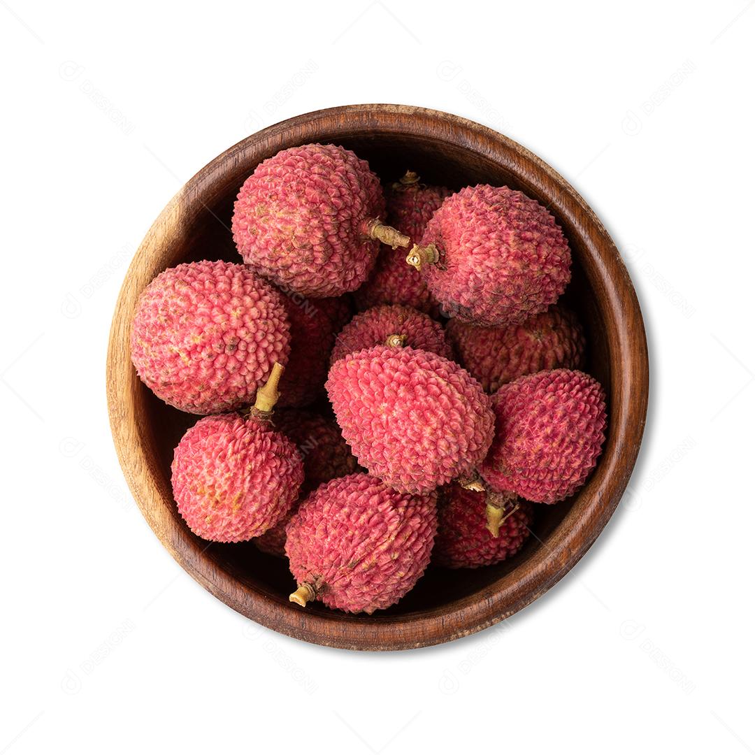 Lychees in a bowl isolated over white background.