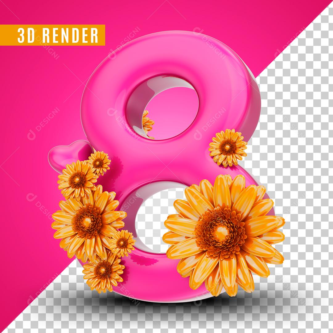 Elemento 3D Para Composição Número 8 Com Flores PSD Editável