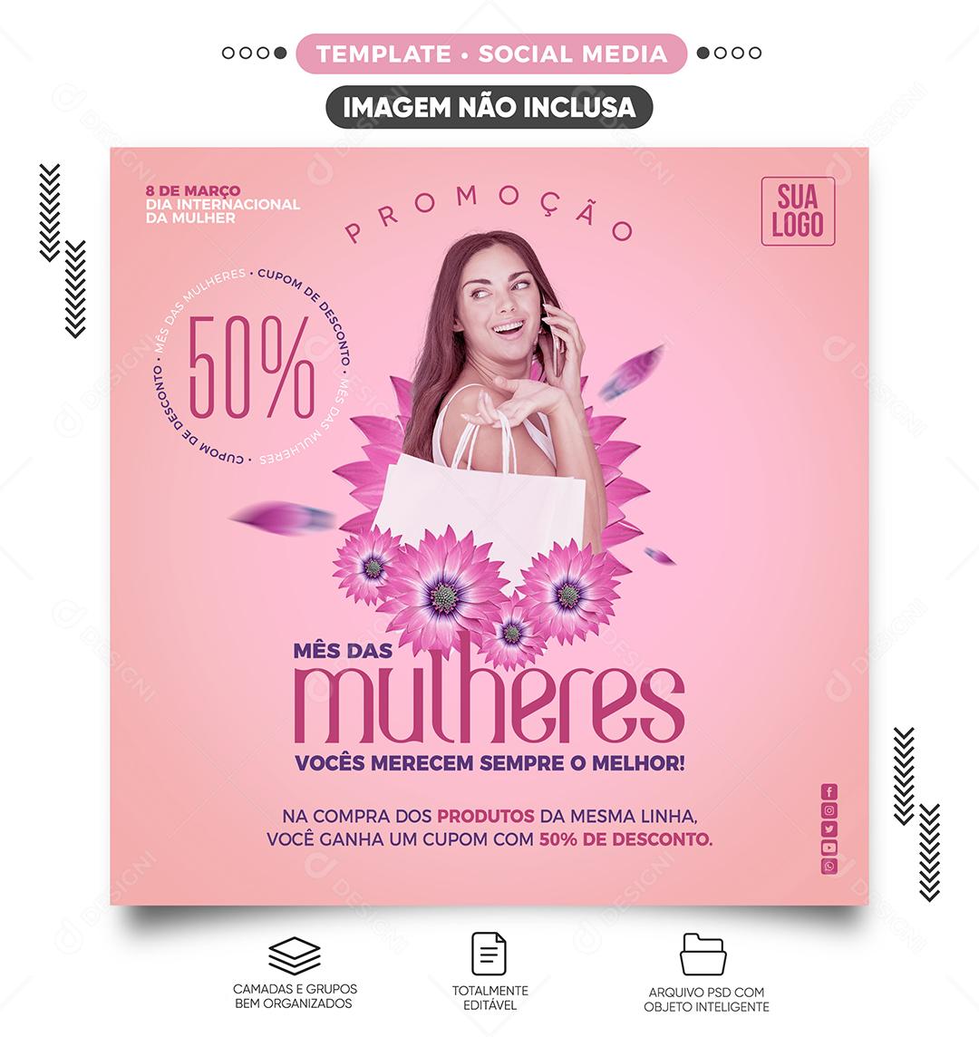 Social Media Dia da mulher com promoções de até 50% de desconto Lojas PSD Editável